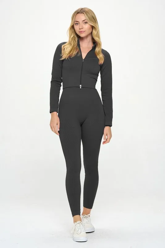 2 Piece Ribbed Seamless Long Sleeve Zip Jacket set - online exclusive