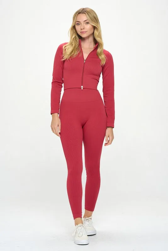 2 Piece Ribbed Seamless Long Sleeve Zip Jacket set - online exclusive