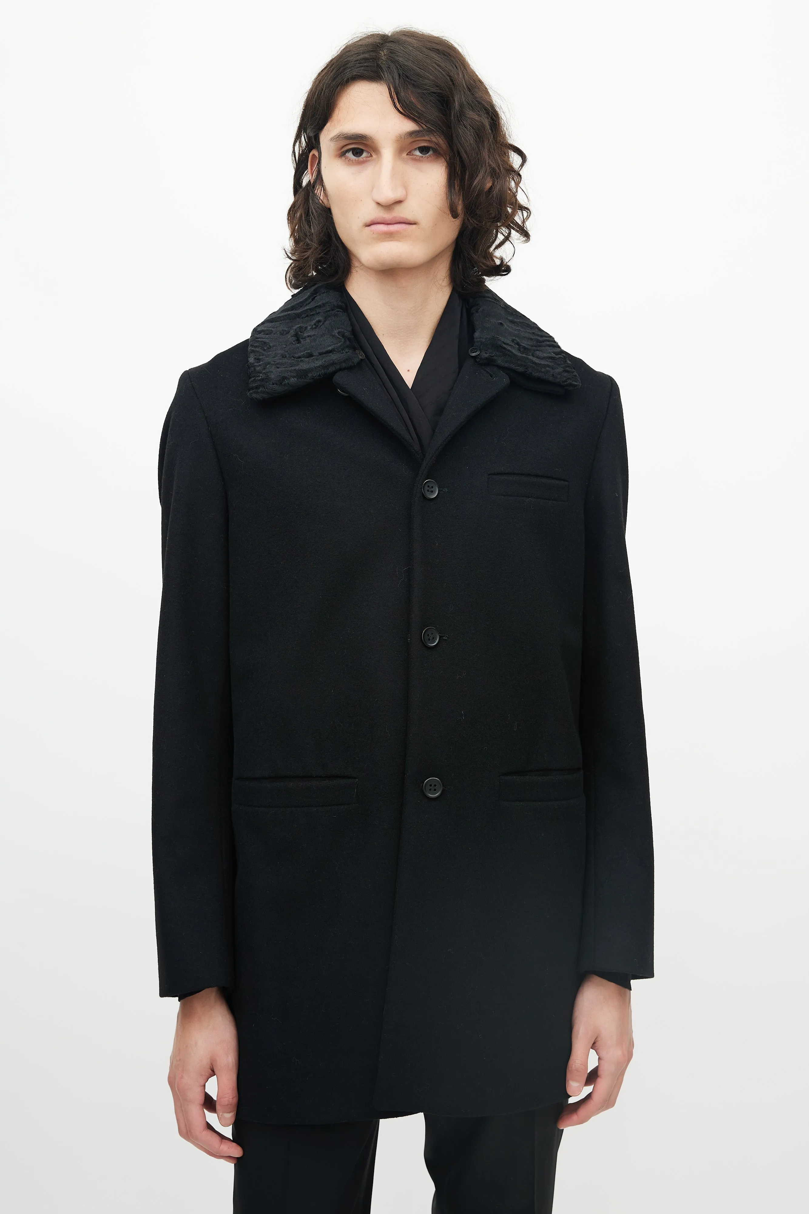 Black Wool Three Pocket Detachable Collar Coat