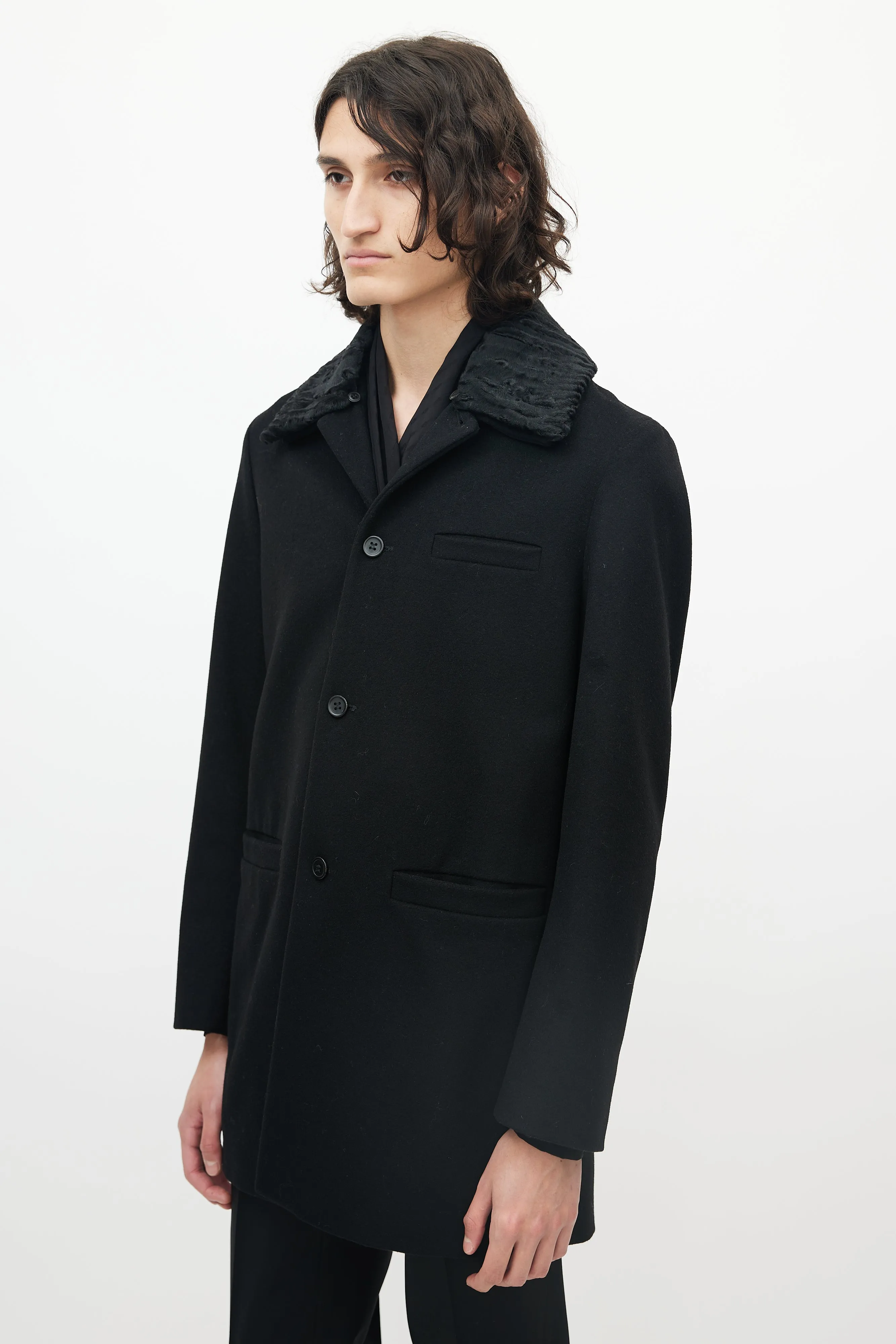 Black Wool Three Pocket Detachable Collar Coat