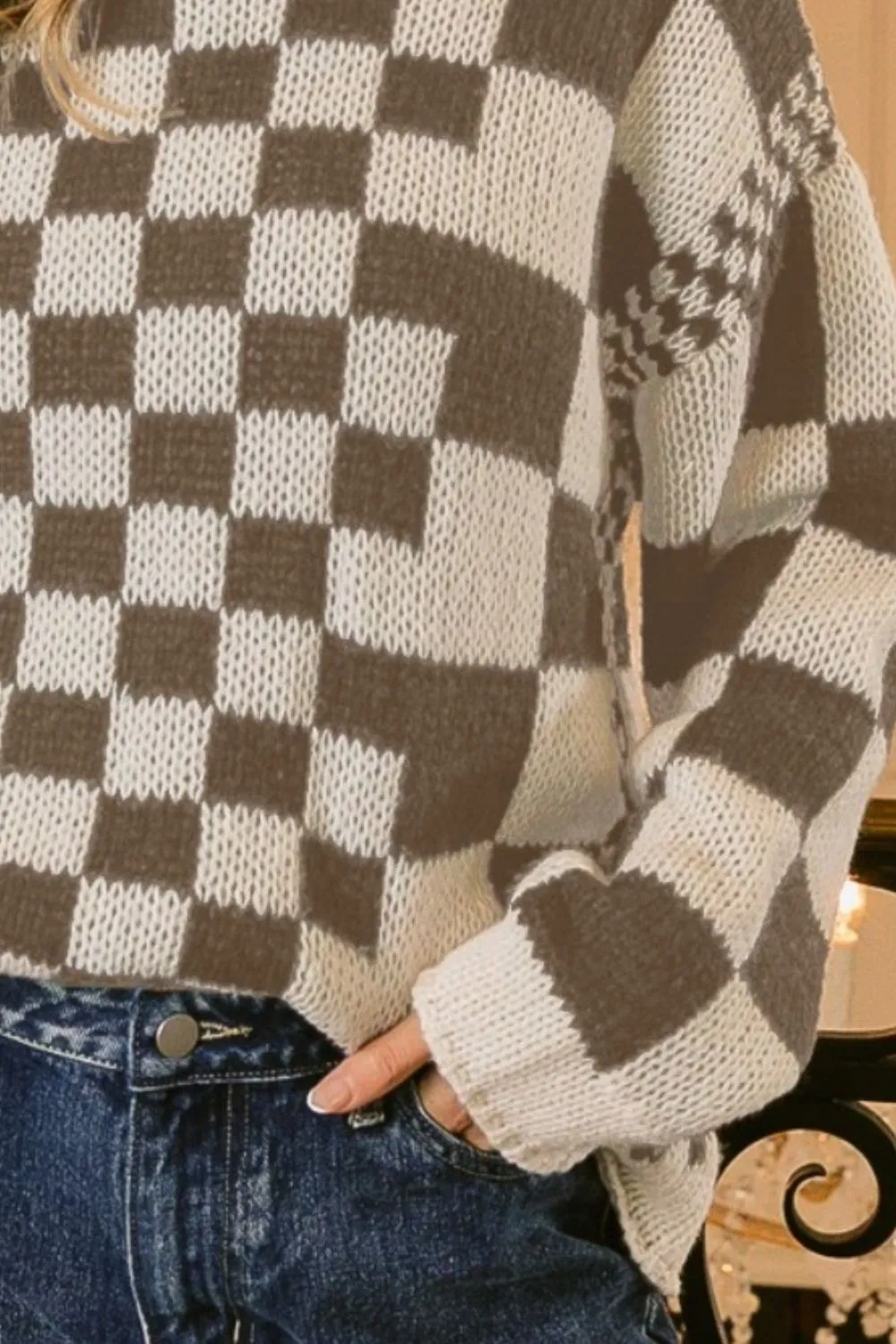 Brown Checkered Contrast Chunky Sweater - Cozy & Striking