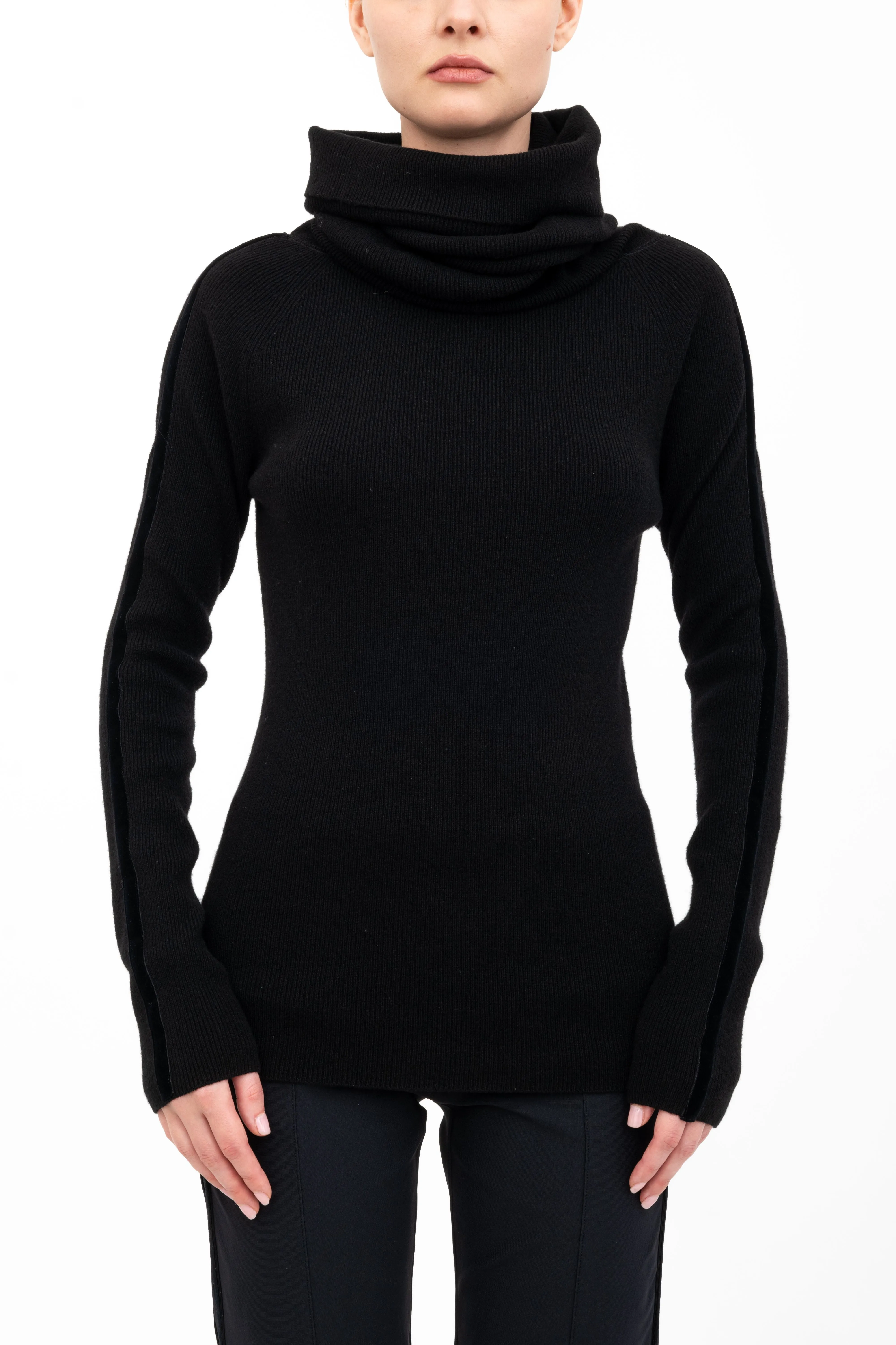 Cashmere Blend Off Shoulder Rib Knit with Velvet Trim - ASHIYA H24