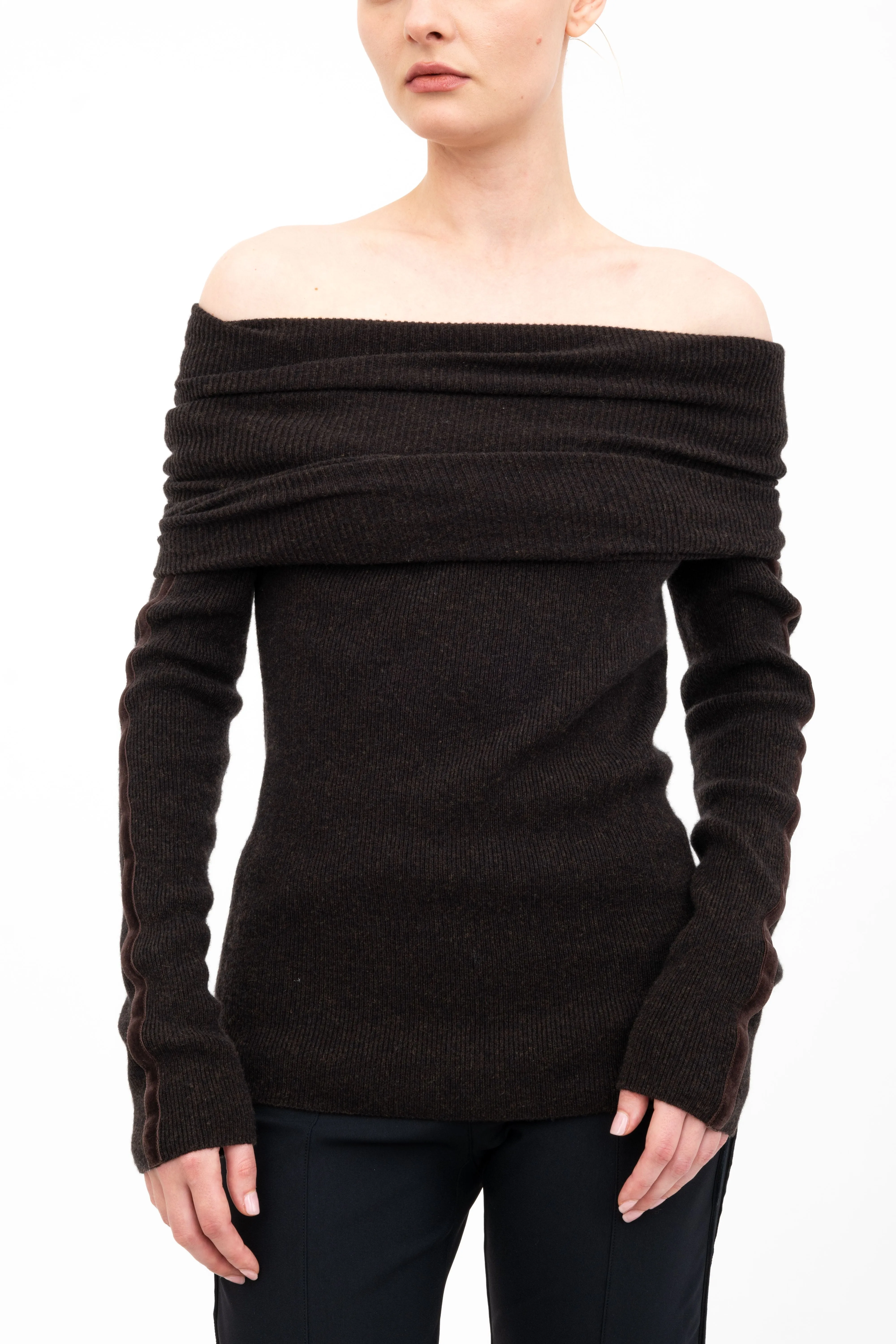 Cashmere Blend Off Shoulder Rib Knit with Velvet Trim - ASHIYA H24