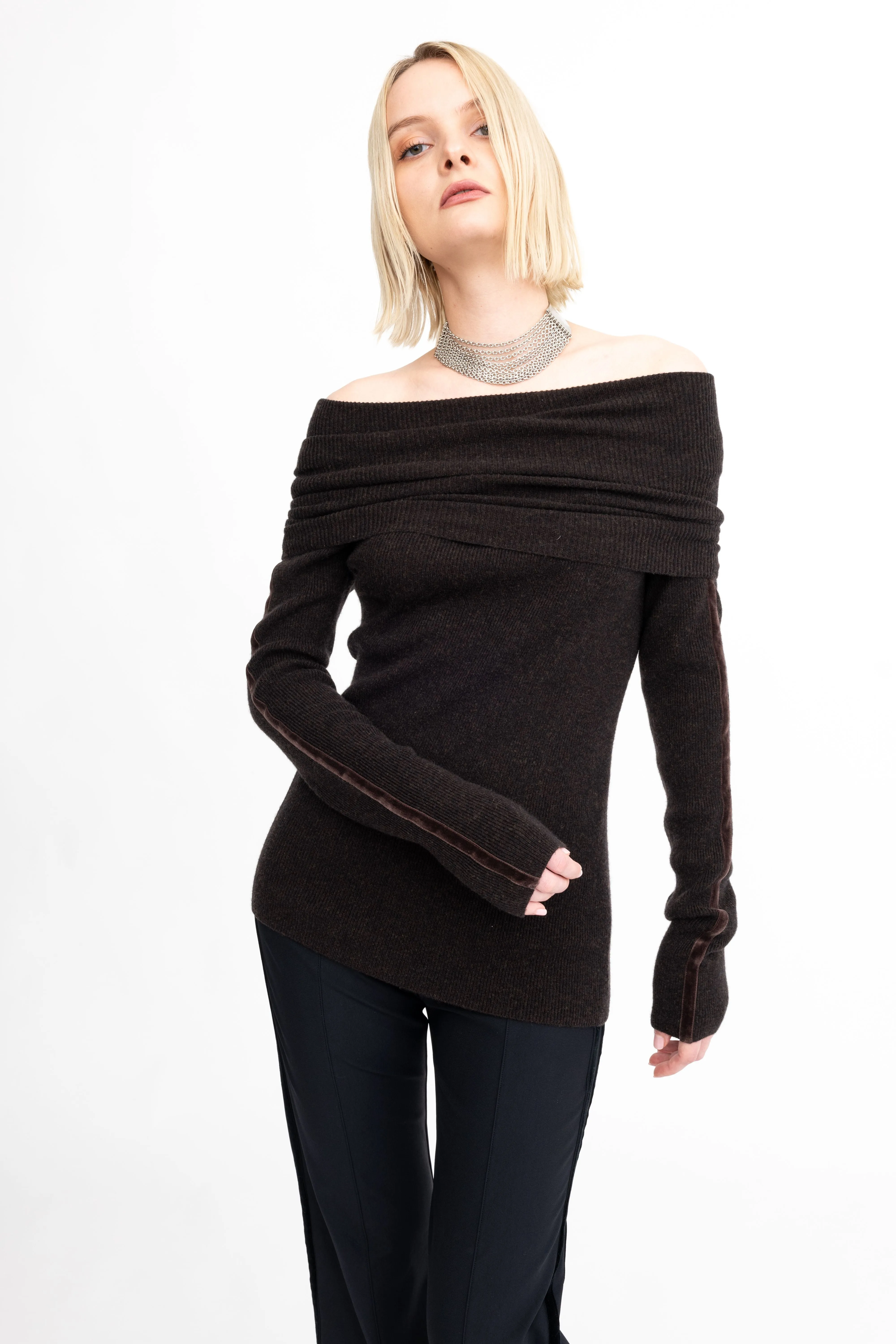 Cashmere Blend Off Shoulder Rib Knit with Velvet Trim - ASHIYA H24