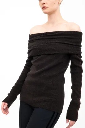 Cashmere Blend Off Shoulder Rib Knit with Velvet Trim - ASHIYA H24