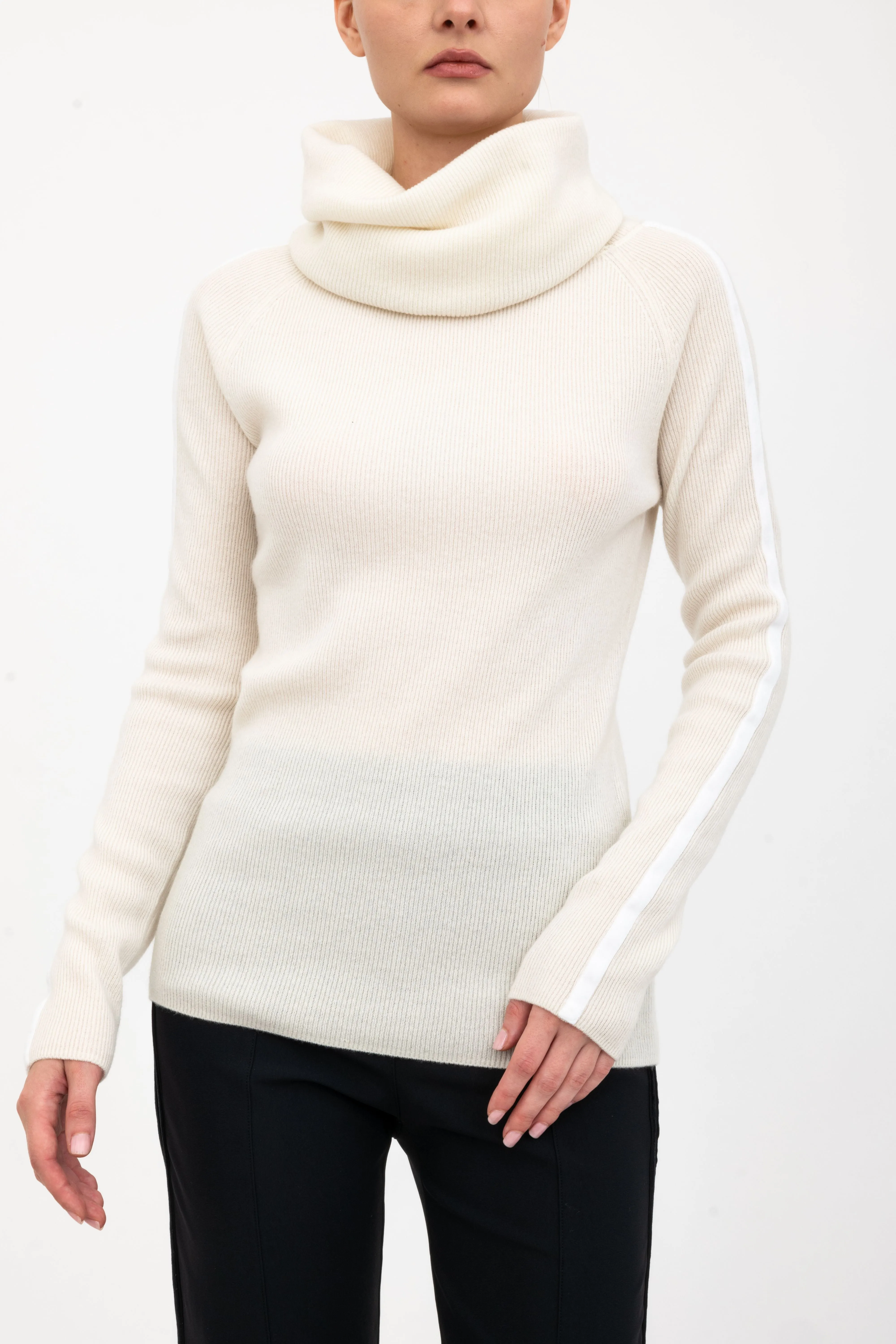 Cashmere Blend Off Shoulder Rib Knit with Velvet Trim - ASHIYA H24