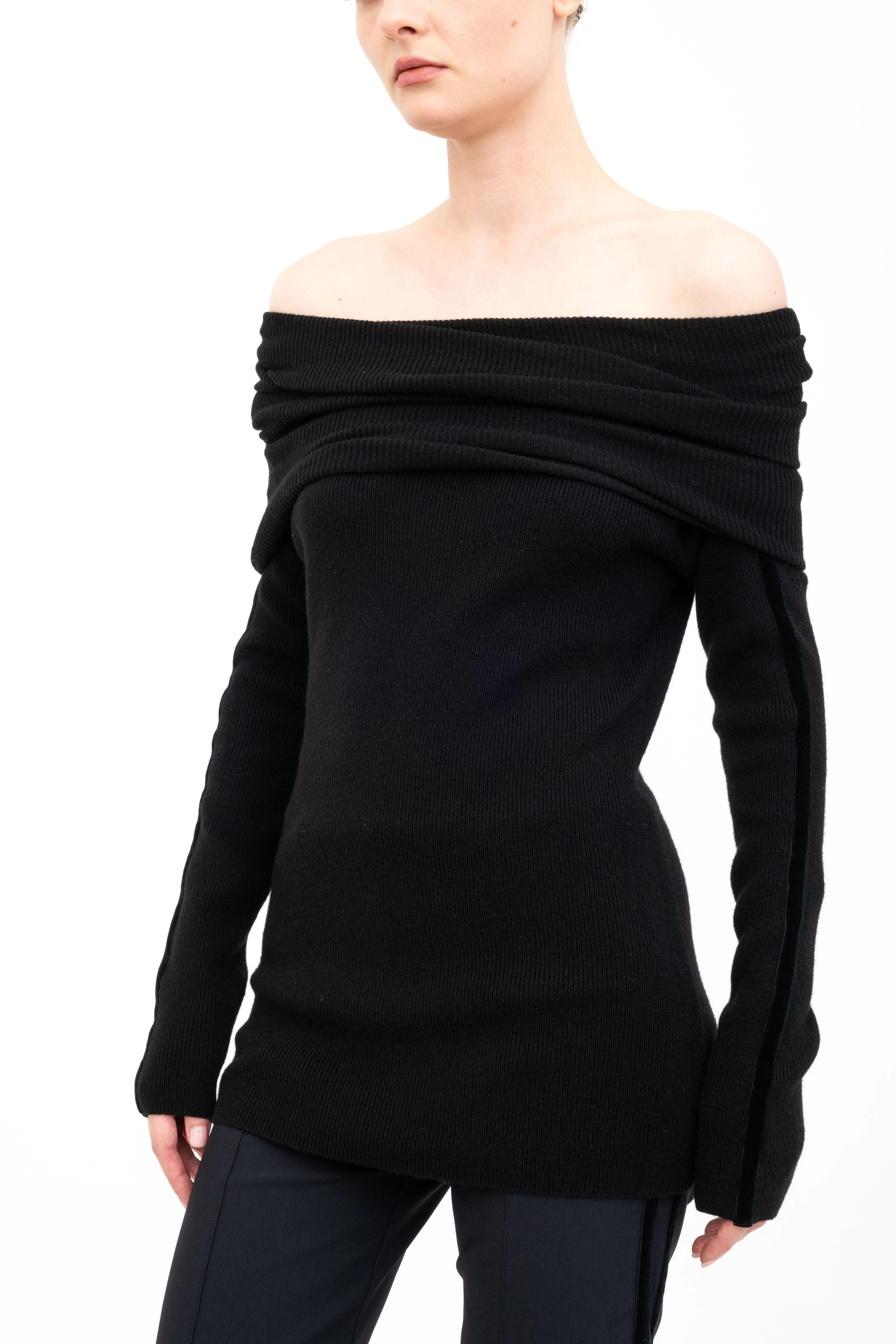 Cashmere Blend Off Shoulder Rib Knit with Velvet Trim - ASHIYA H24