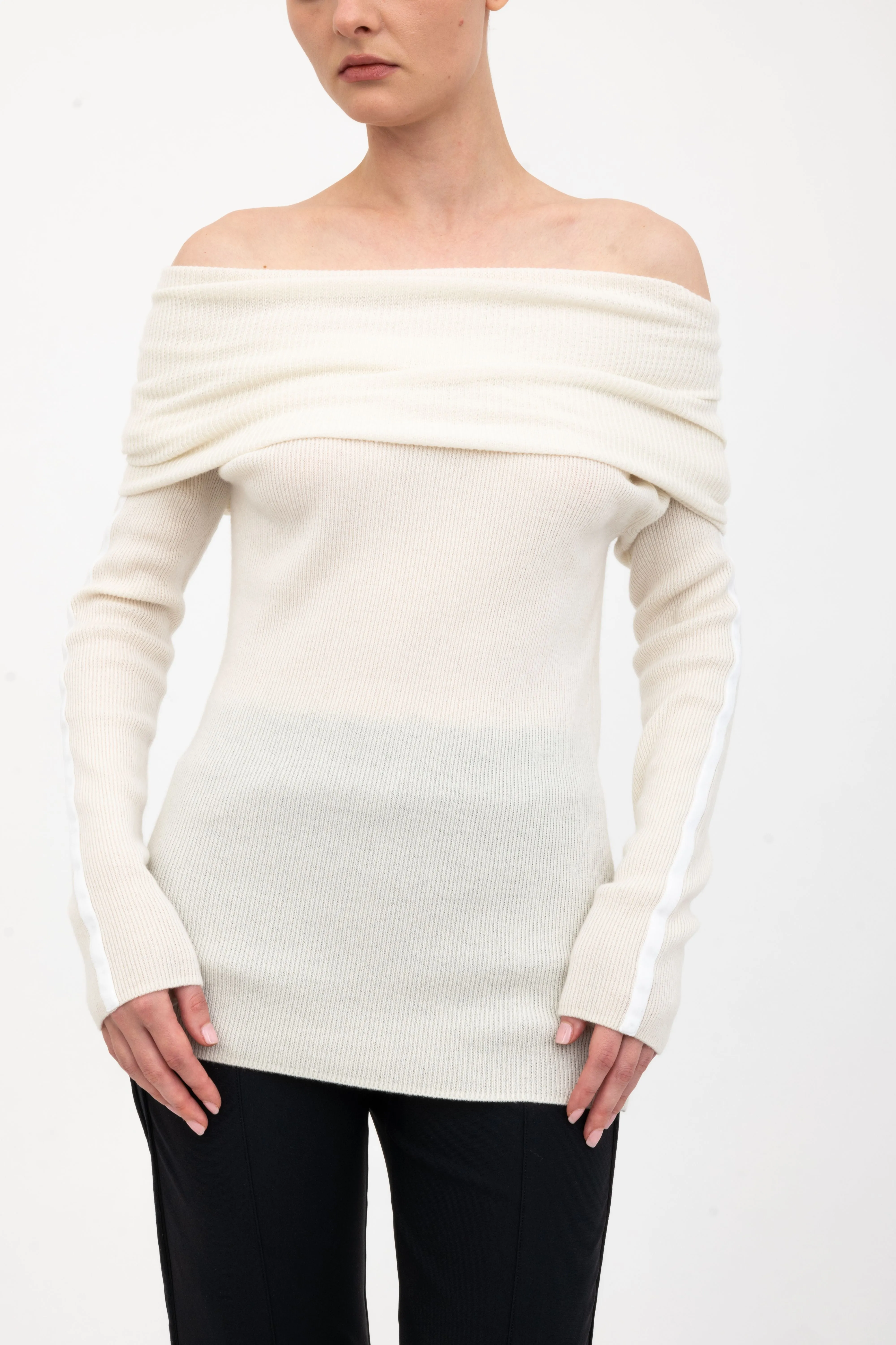 Cashmere Blend Off Shoulder Rib Knit with Velvet Trim - ASHIYA H24