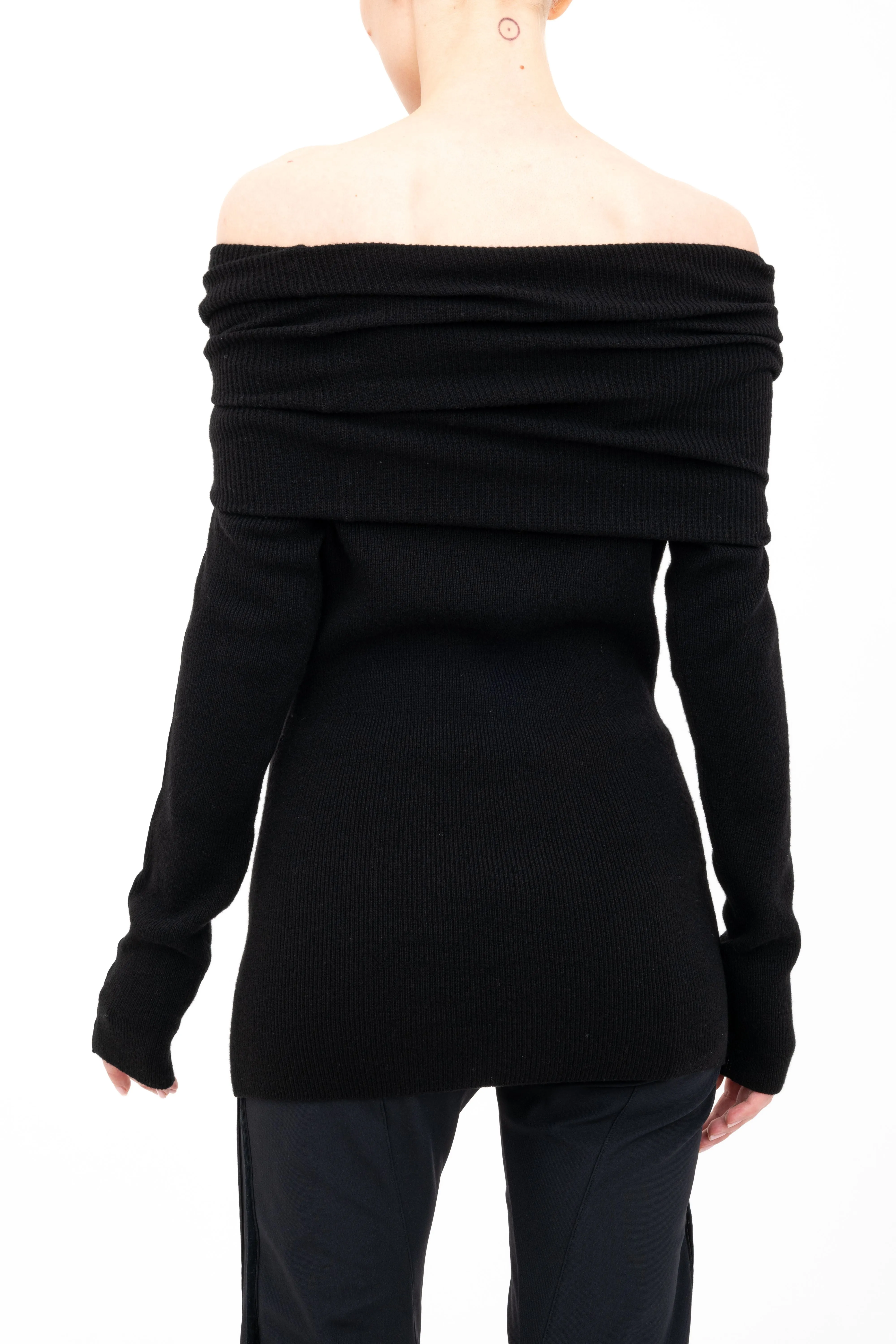 Cashmere Blend Off Shoulder Rib Knit with Velvet Trim - ASHIYA H24