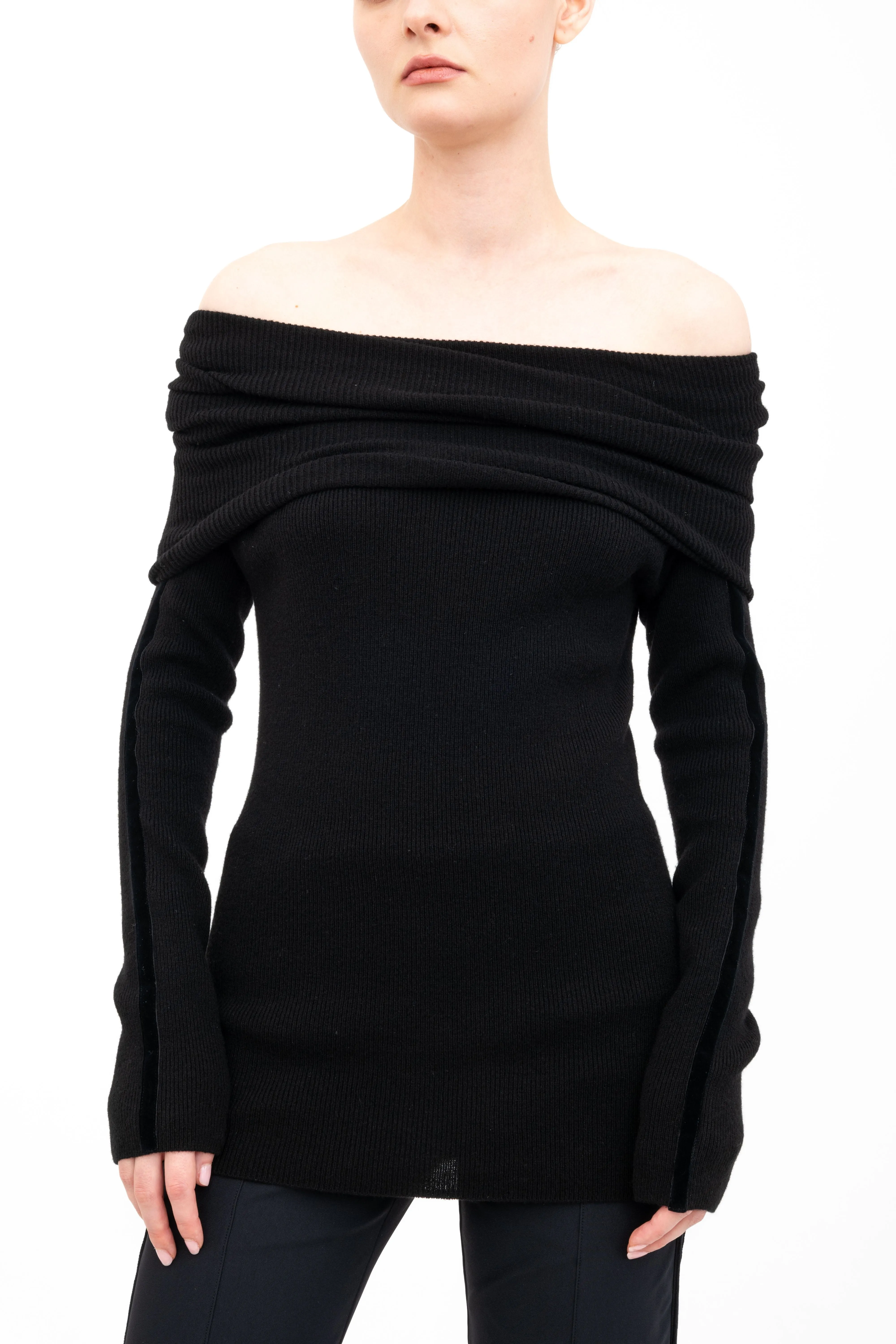 Cashmere Blend Off Shoulder Rib Knit with Velvet Trim - ASHIYA H24