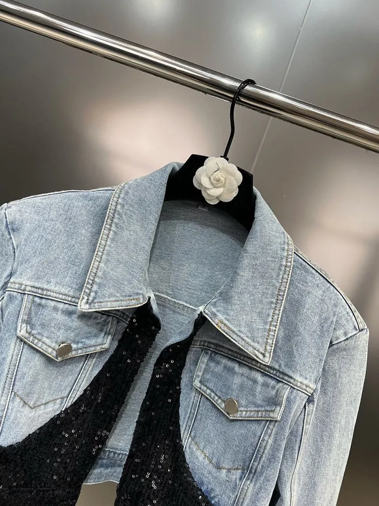 Colorblock Patchwork Sequins Denim Jackets For Women Lapel Long Sleeve Spliced Button Streetwear Jacket Female