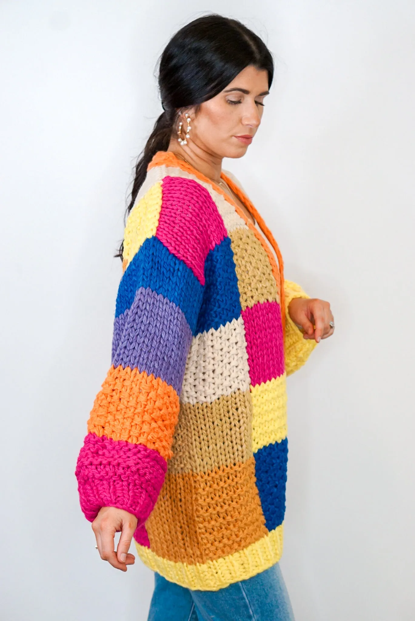 Crocheted Colorblock Chunky Knit Cardigan