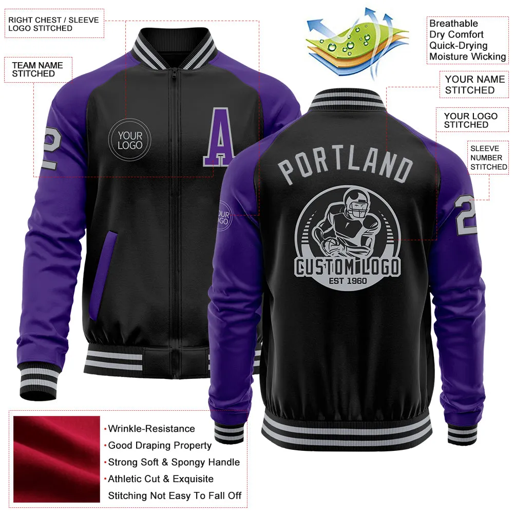 Custom Black Gray-Purple Bomber Varsity Letterman Two Tone Zipper Jacket