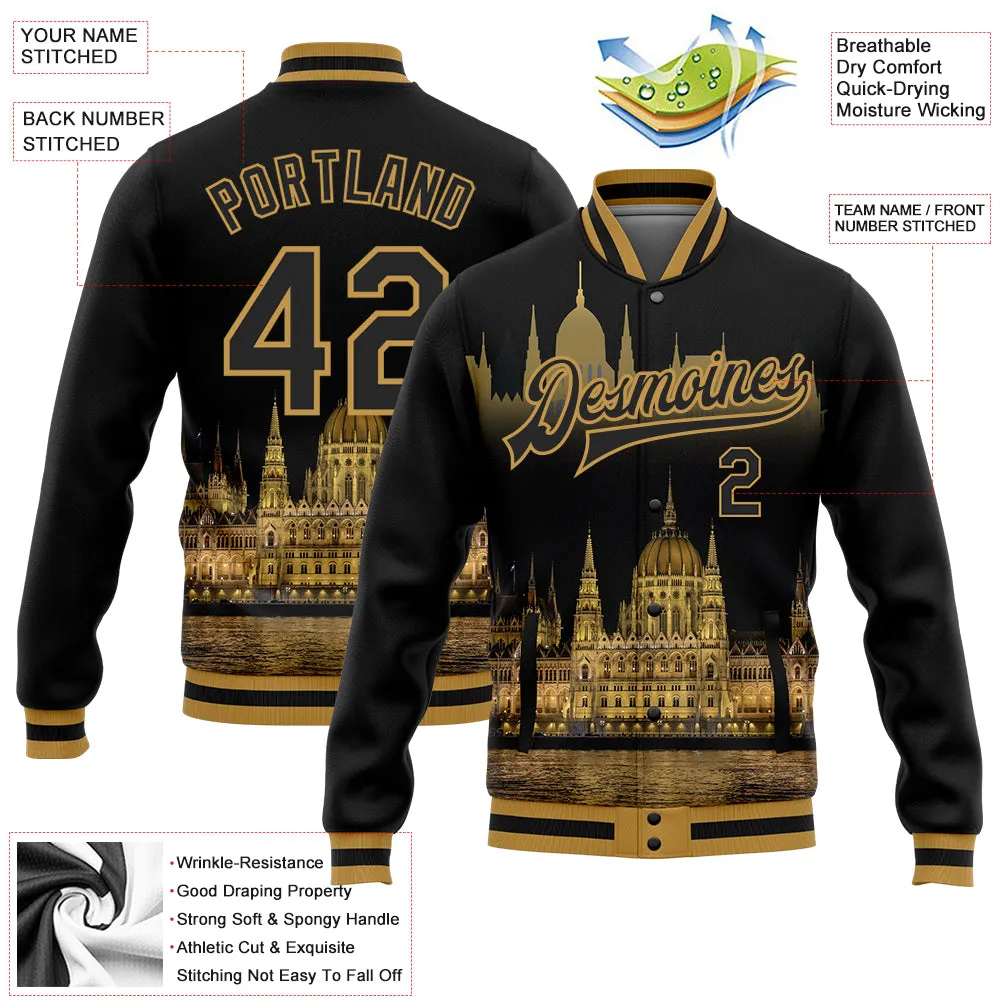 Custom Black Old Gold Parliament Building Budapest Hungary City Edition 3D Bomber Full-Snap Varsity Letterman Jacket