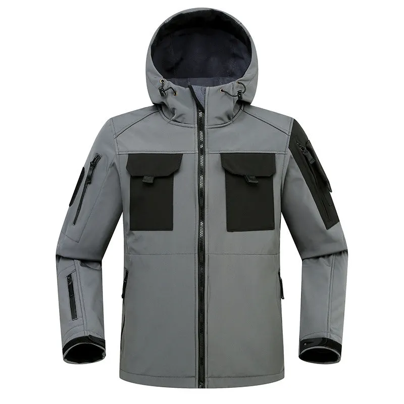 FLEECE MULTI-POCKET HOODED WINDPROOF HARDSHELL JACKET