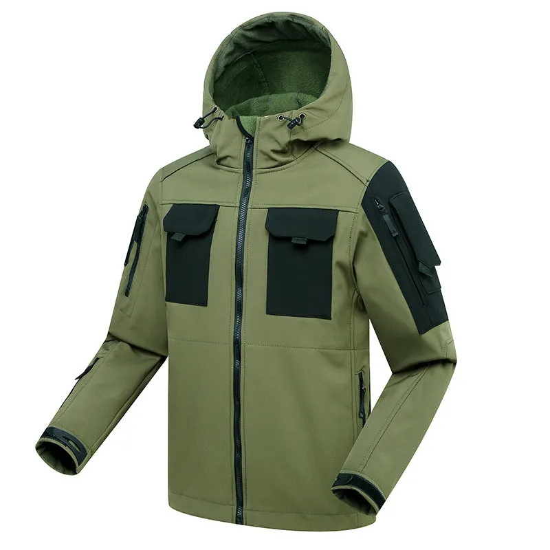 FLEECE MULTI-POCKET HOODED WINDPROOF HARDSHELL JACKET