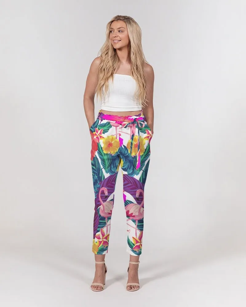 Floral Flamingos Women's Belted Tapered Pants