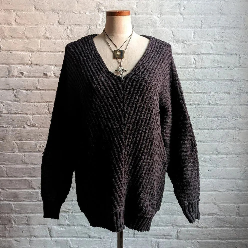 Free People Black Chunky Knit Slouchy Sweater Oversize Grunge Goth Boyfriend Top