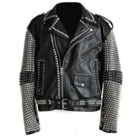 Full Black Punk Silver Spiked Studded Cowhide Leather Stylish Jacket