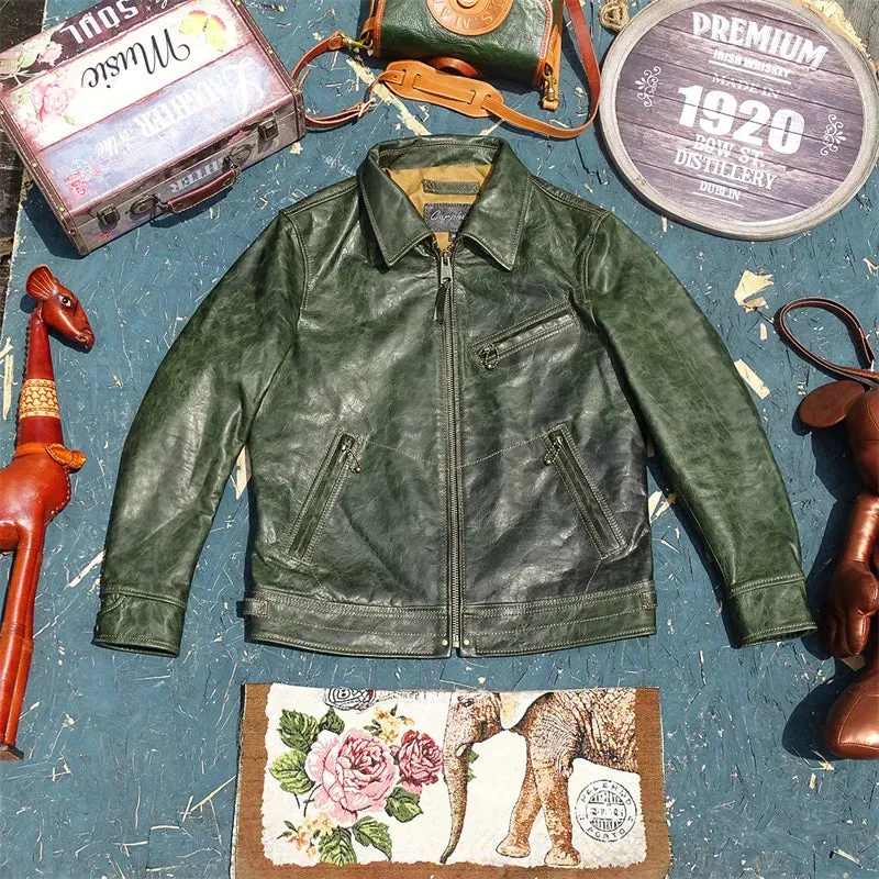 Genuine Leather Jacket for Men - Horsehide Slim Green Brown - 1930s Motorcycle Biker Workwear