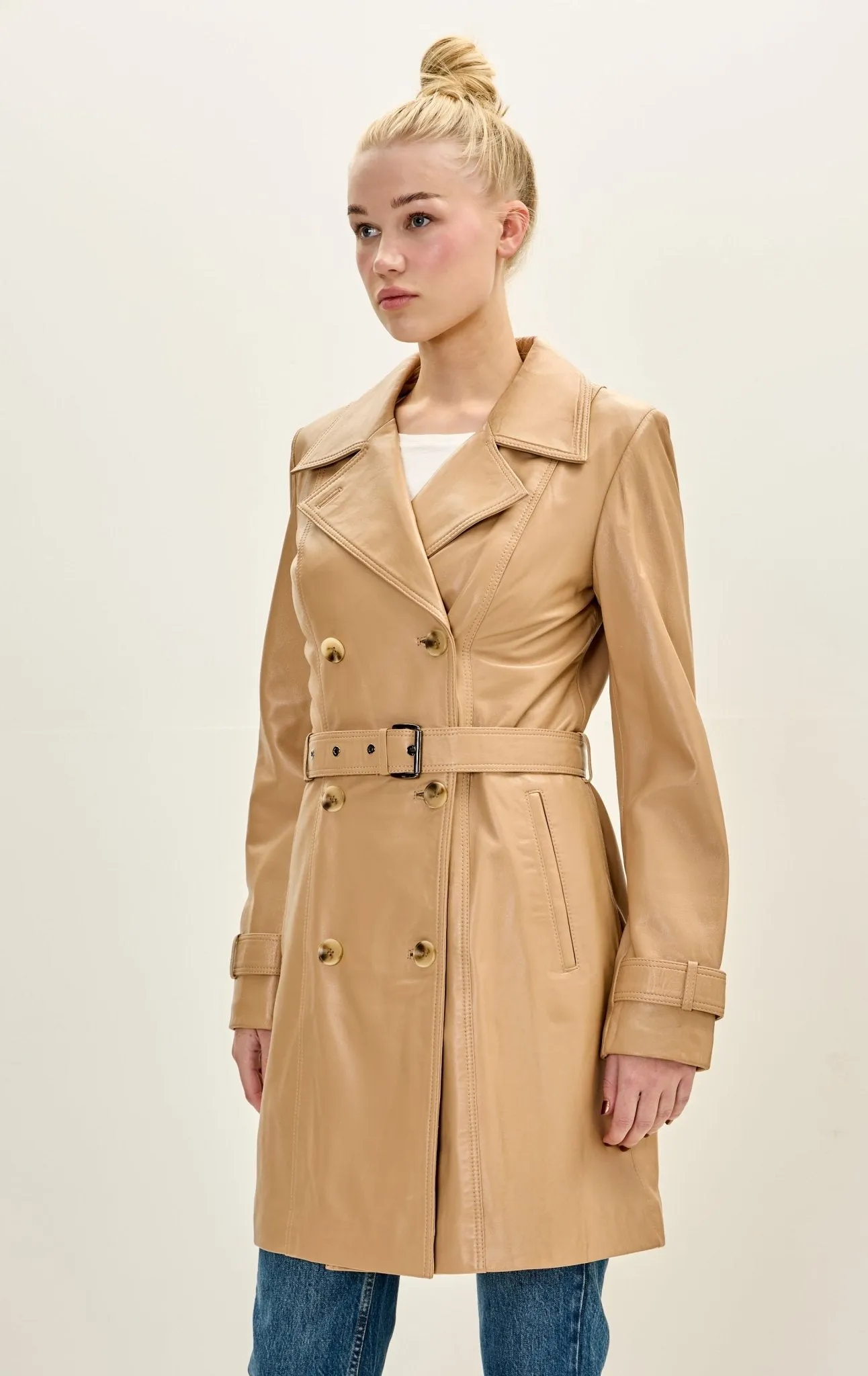 Lambskin Leather Double Breasted Trench Coat - Dark Beige