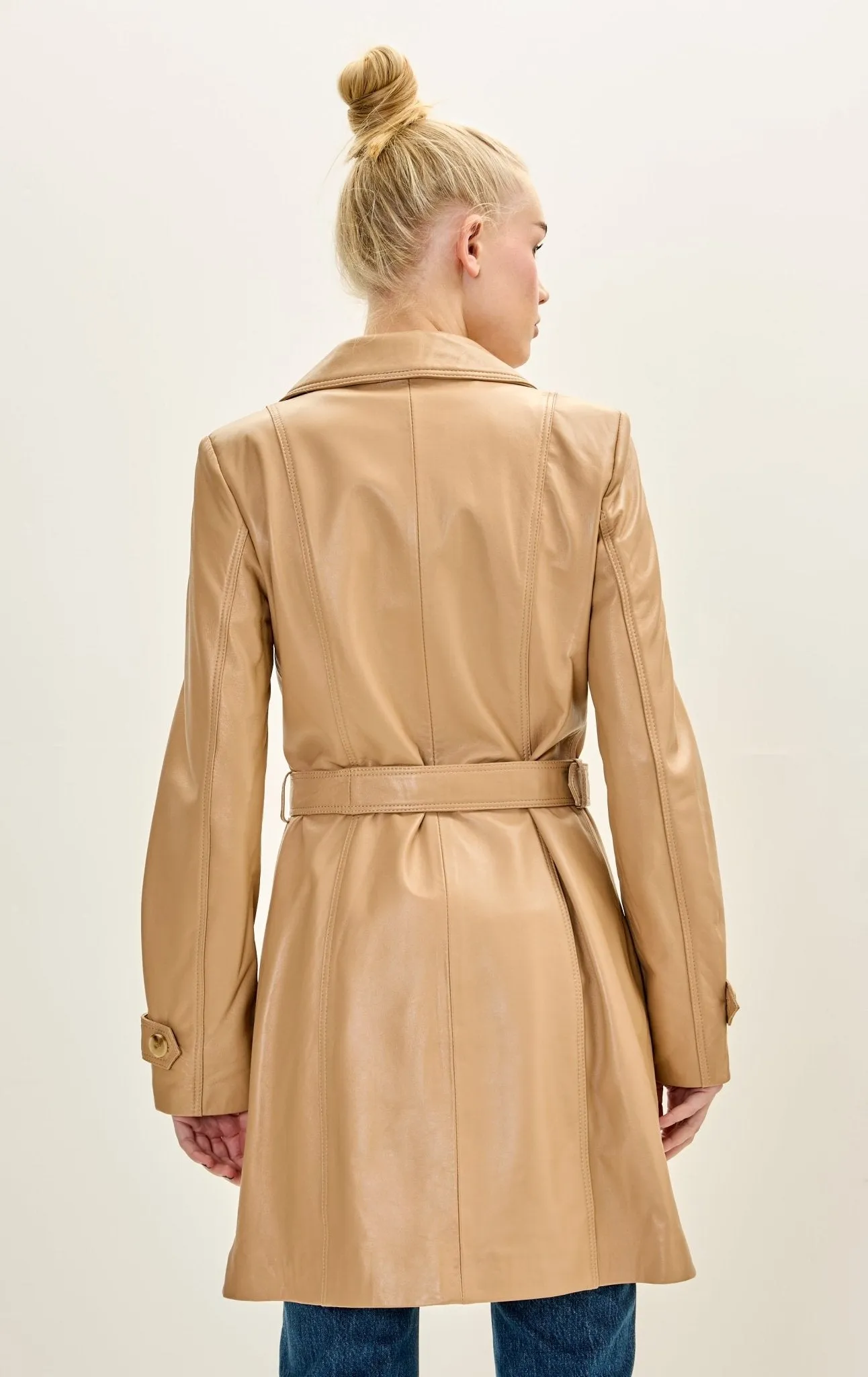 Lambskin Leather Double Breasted Trench Coat - Dark Beige