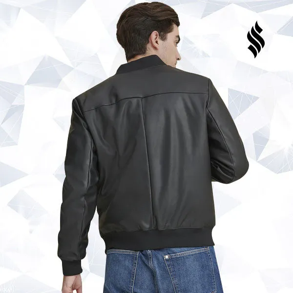 Men Black Leather Bomber Jacket