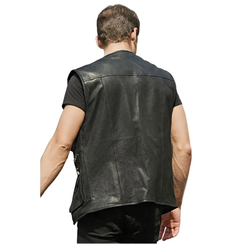 Mens Black Leather Multi Pockets Retro Vest