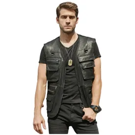 Mens Black Leather Multi Pockets Retro Vest