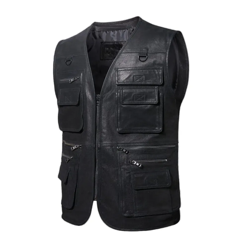 Mens Black Leather Multi Pockets Retro Vest