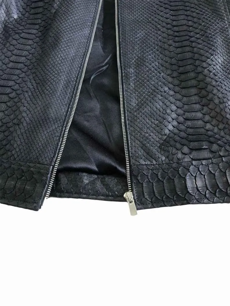 Mens Black Snake Style Sheep Leather Jacket