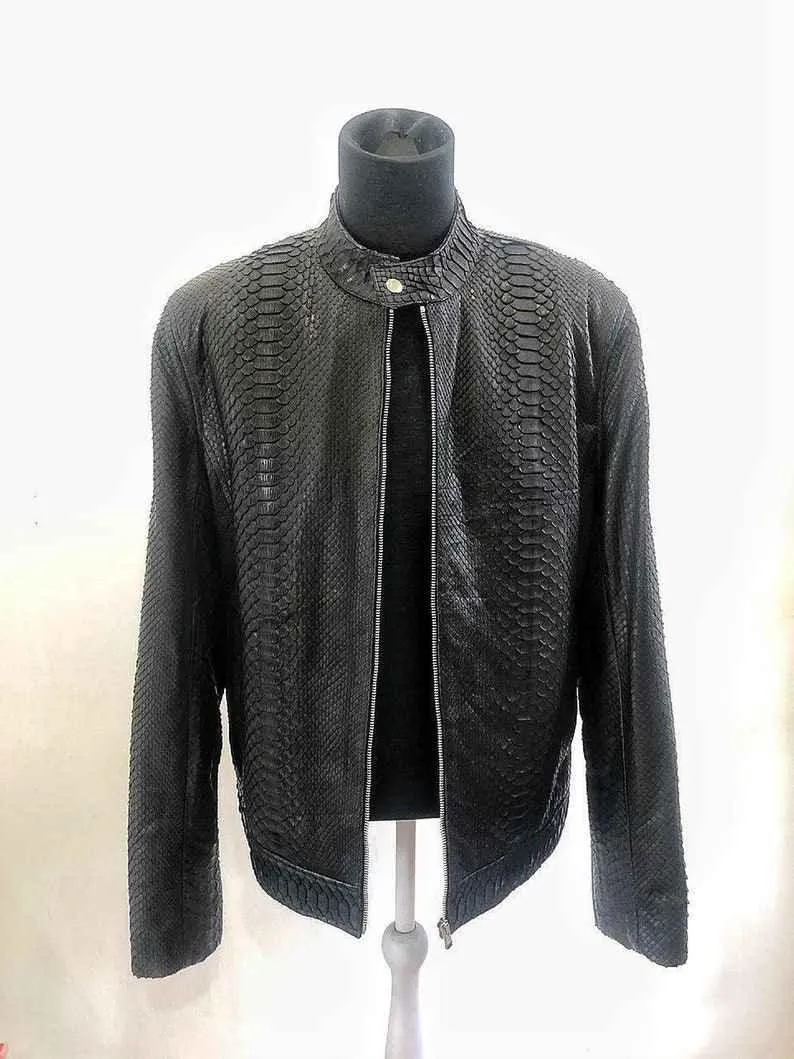 Mens Black Snake Style Sheep Leather Jacket