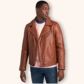 Men's Tan Brown Leather Biker Jacket