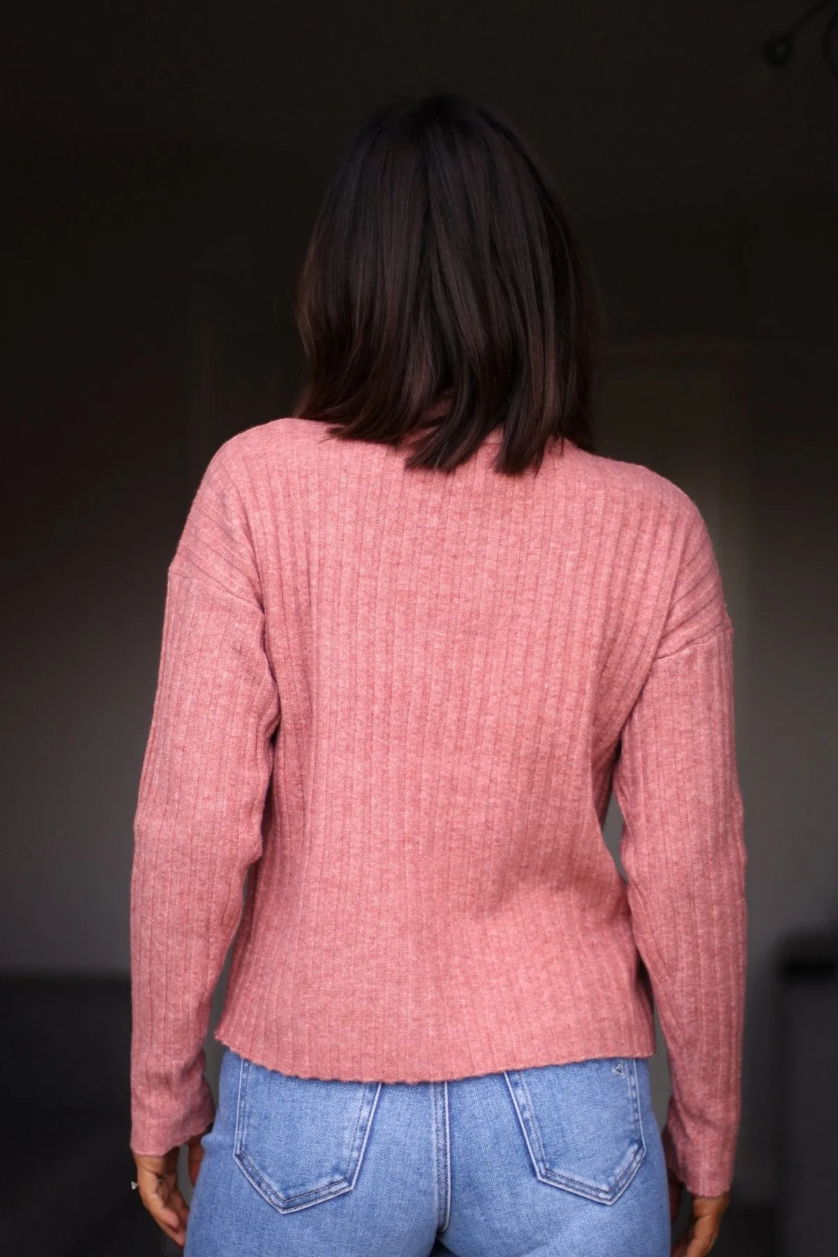 Pink Ribbed Mock Neck Sweater