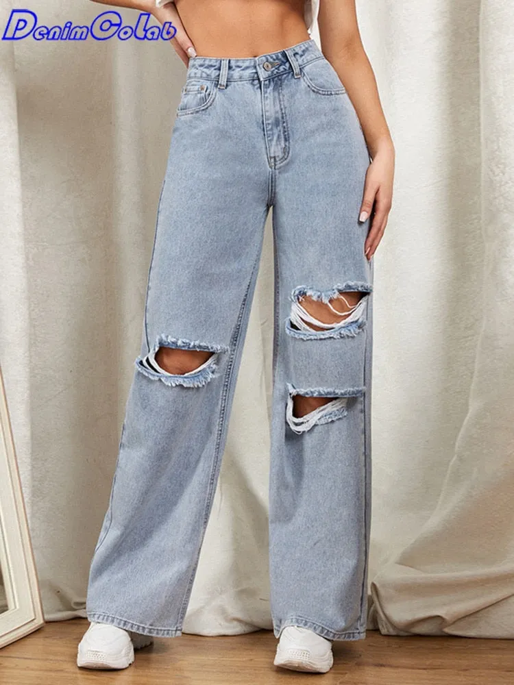 Ripped Hole Washed Wide Leg Lady Jeans (Black/Light Blue)