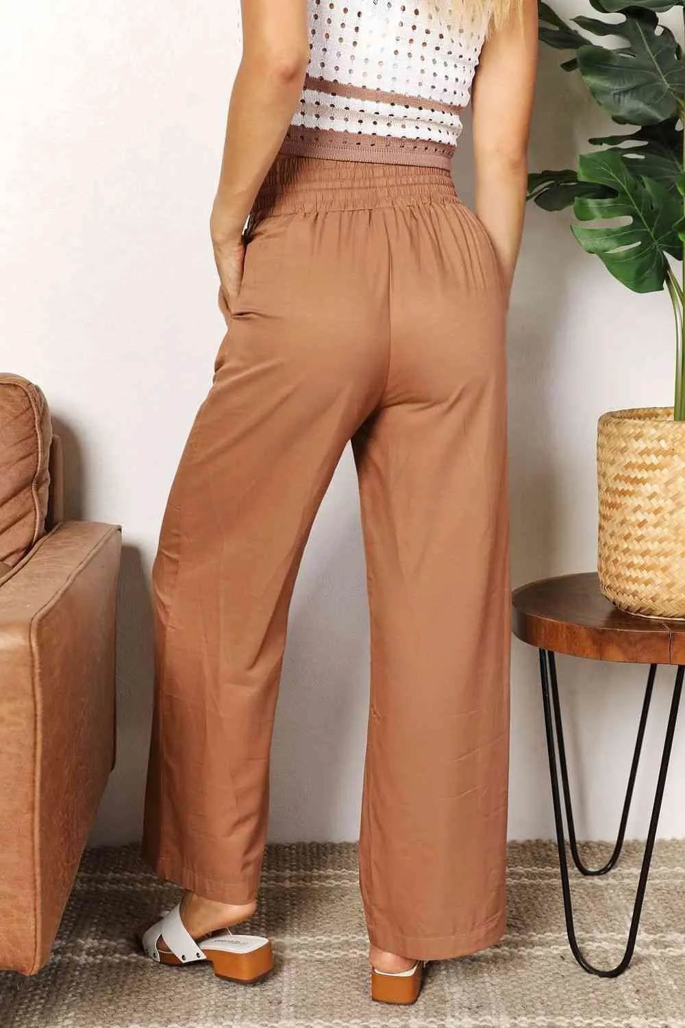 Smocked Drawstring Elastic High Waist Wide Leg Pants (Camel/Black)