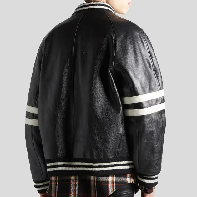 Striped Leather Bomber Jacket