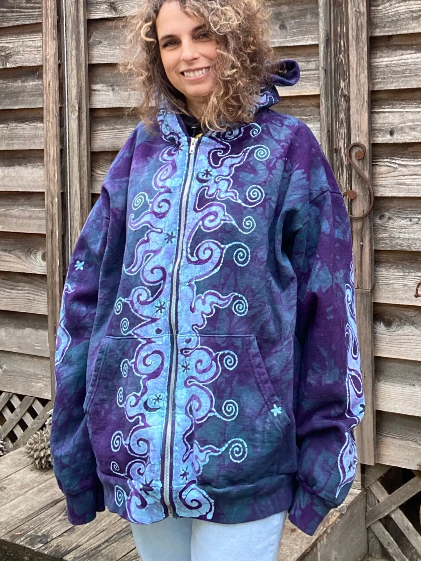 Teal and Purple Tuxedo Swirls with Stars Handcrafted Batik Zipper Hoodie - Size 2X