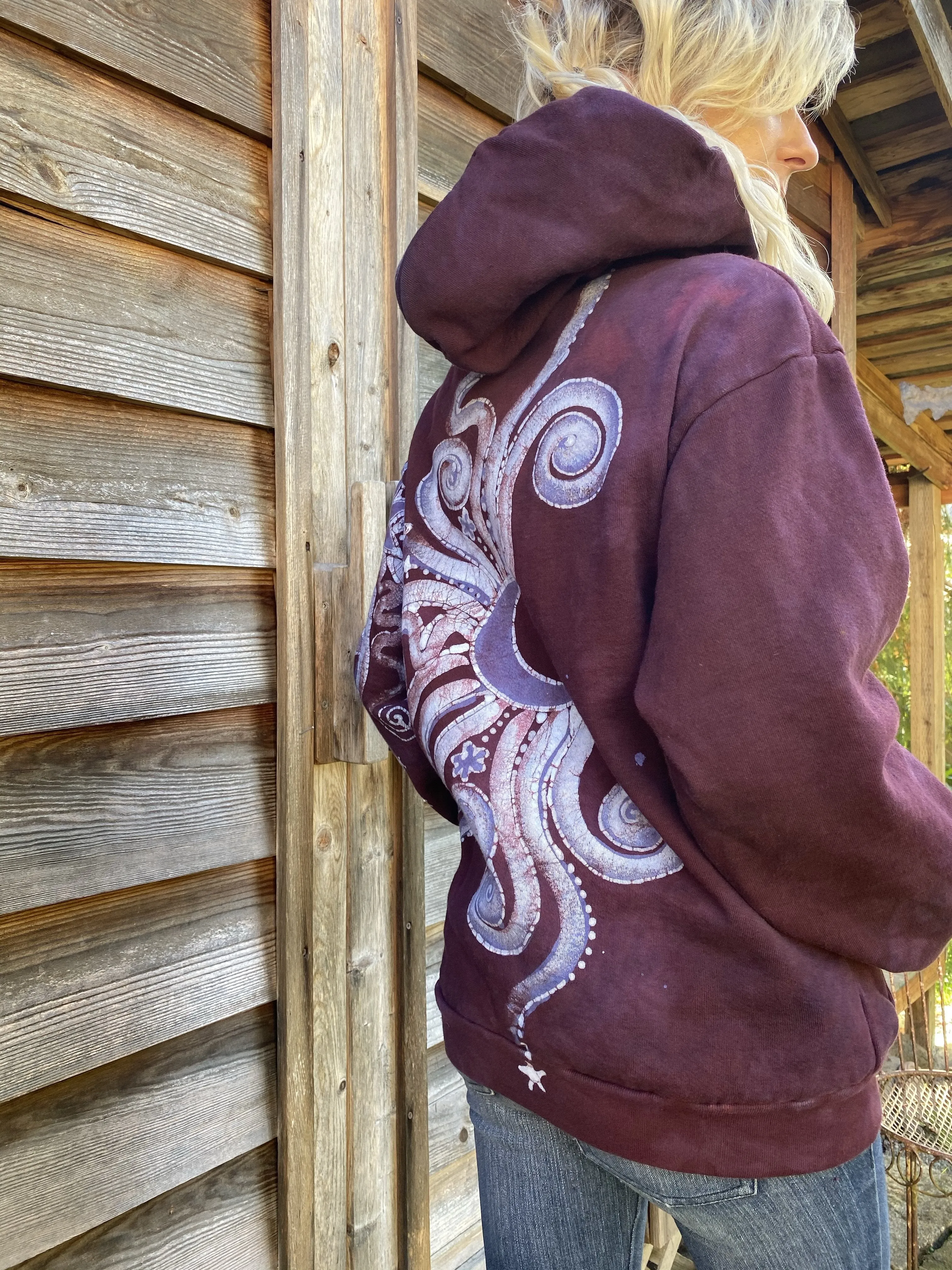 Tree Moon Burgundy Purple Pullover Hoodie - Handcrafted Batik - Size SMALL