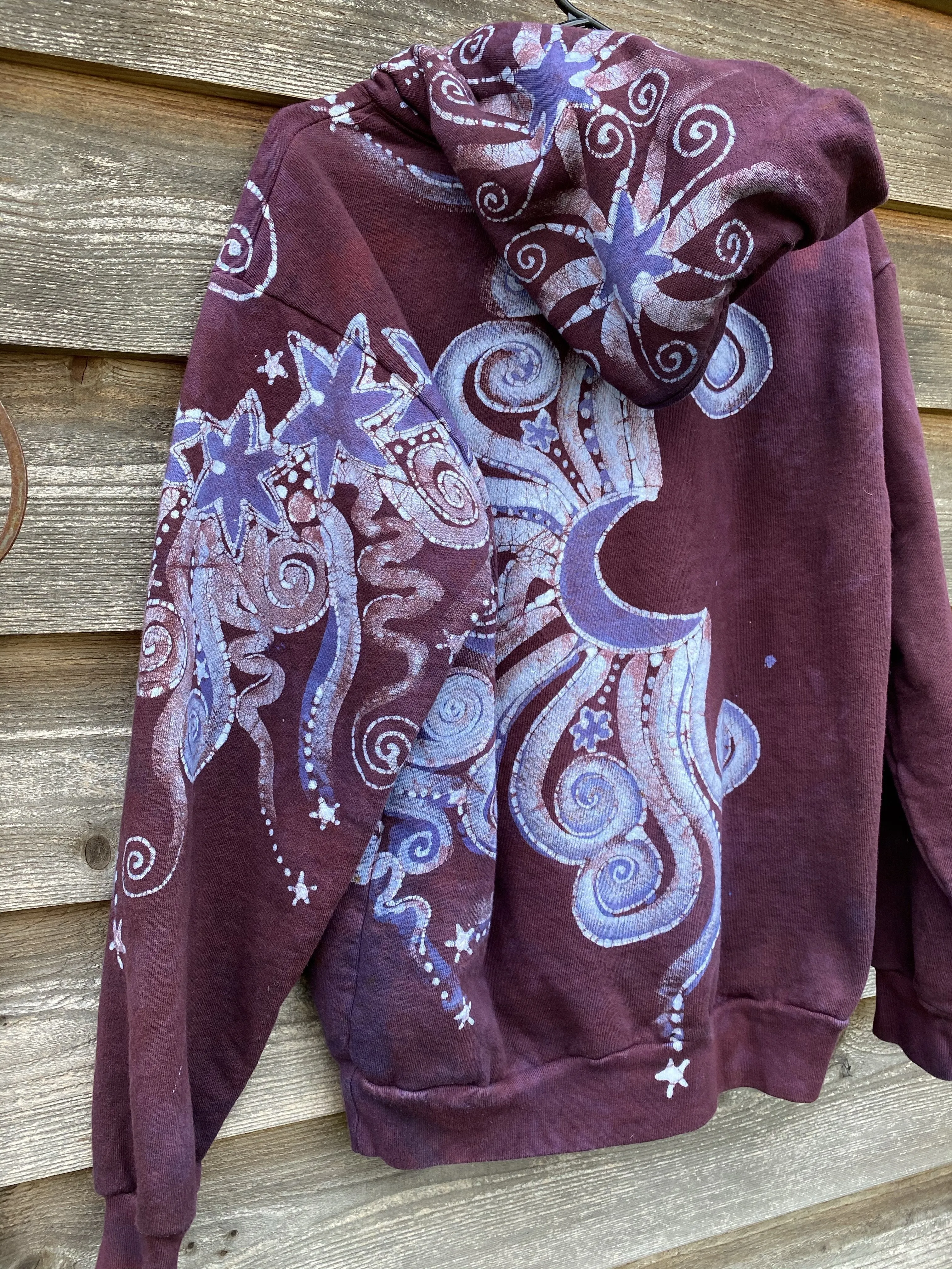 Tree Moon Burgundy Purple Pullover Hoodie - Handcrafted Batik - Size SMALL