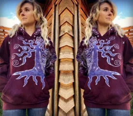 Tree Moon Burgundy Purple Pullover Hoodie - Handcrafted Batik - Size SMALL