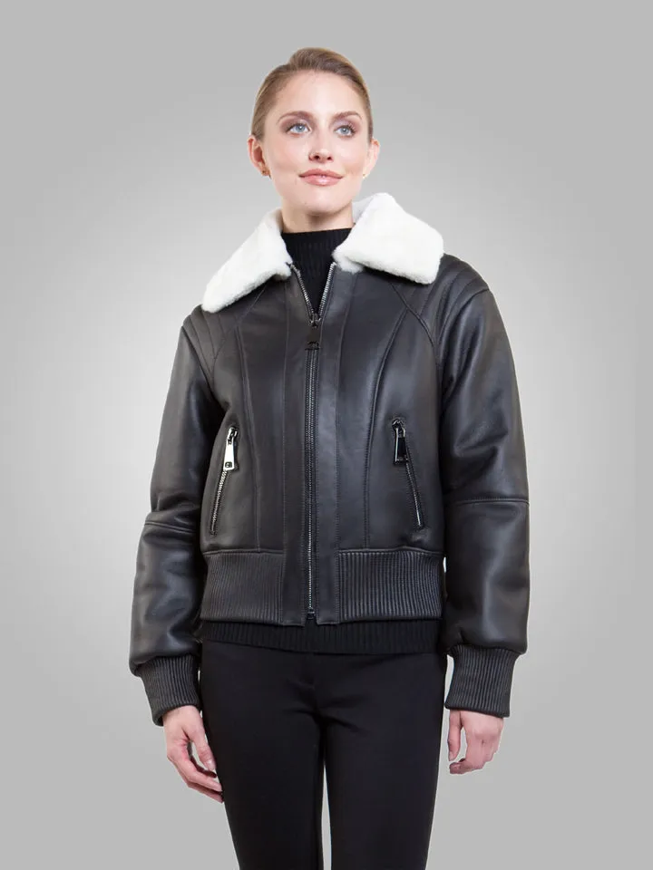 Women’s Black Leather White Shearling Bomber Jacket