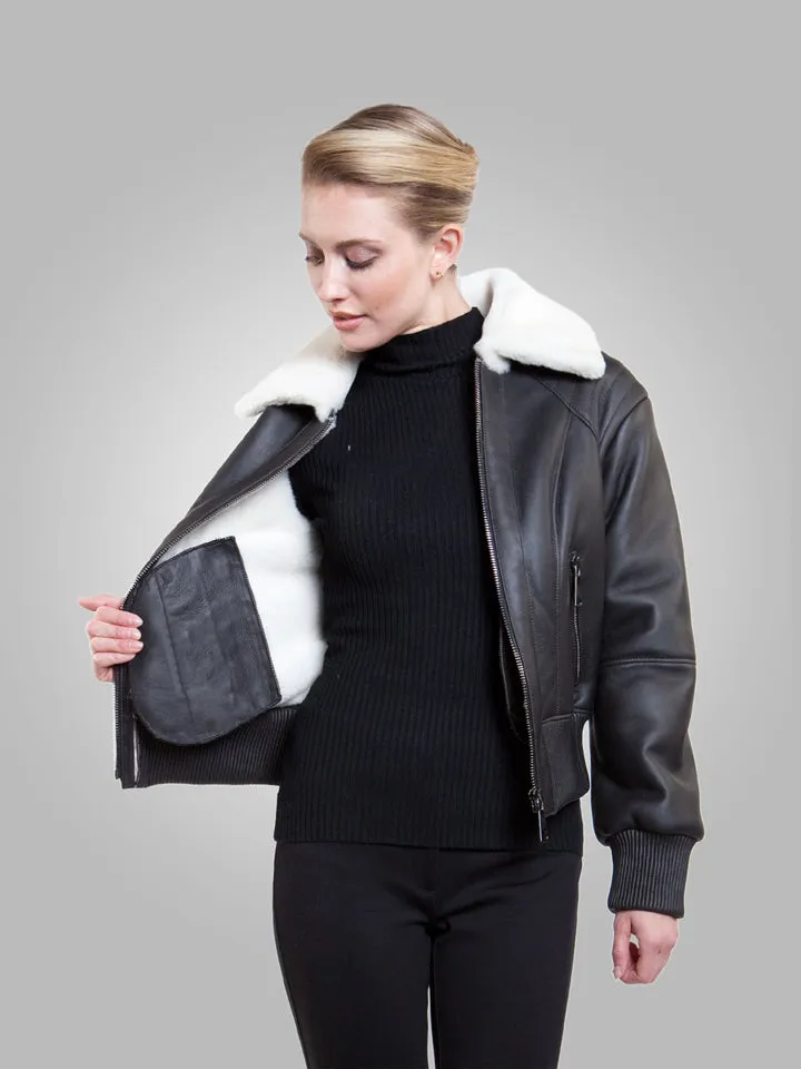 Women’s Black Leather White Shearling Bomber Jacket