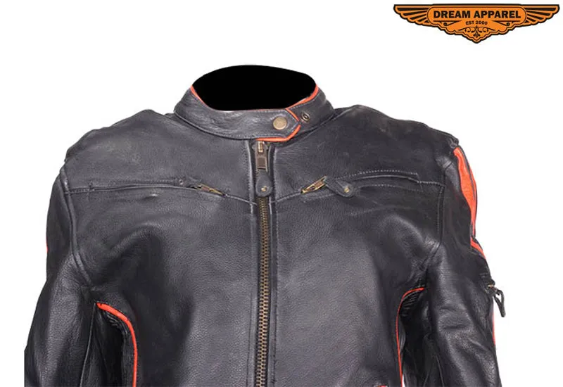 Womens Leather Racer Jacket with Orange Stripes