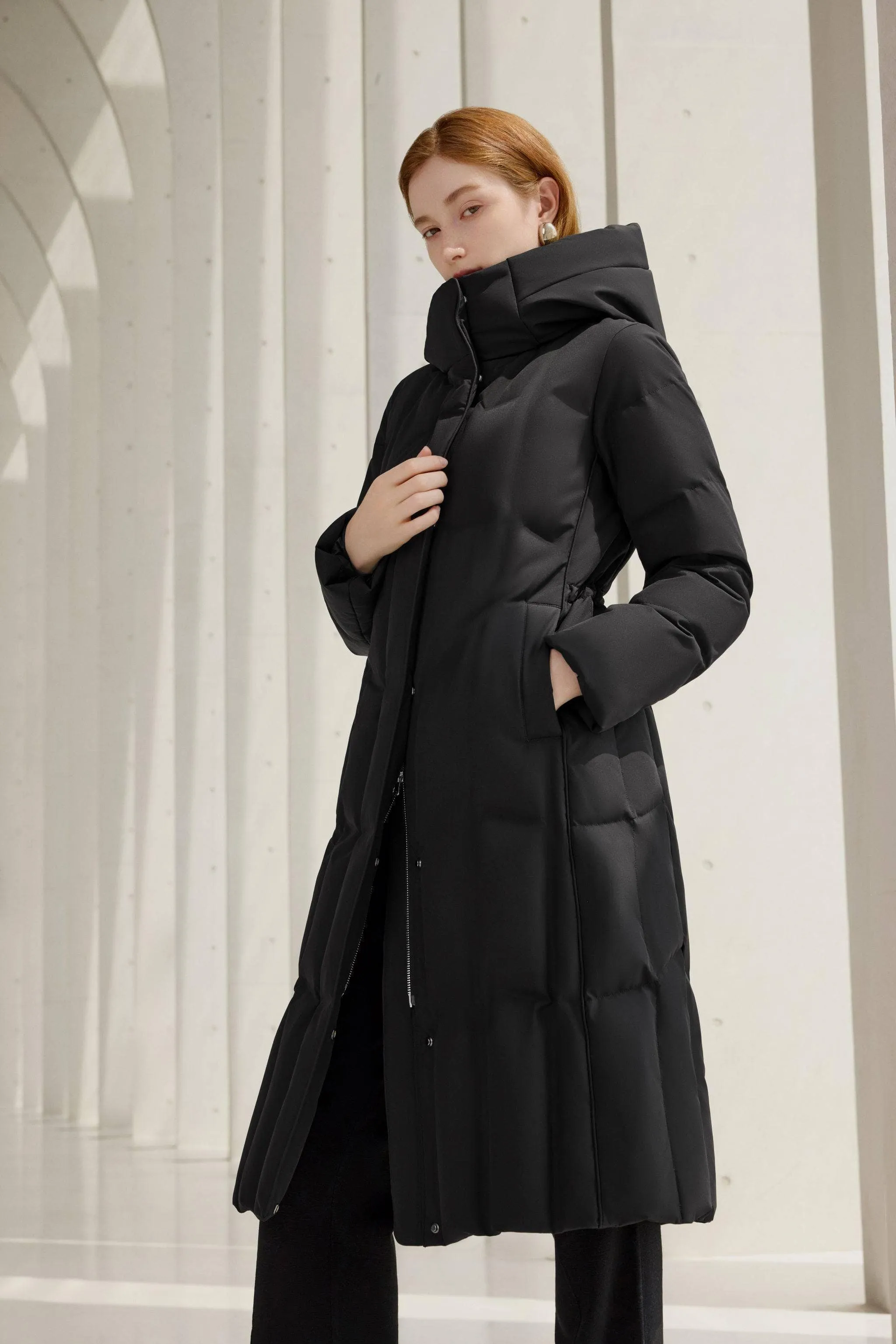 Women’s Long Goose Down Coat With Elasticated Waist