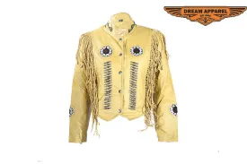 Women's Mustard Yellow Leather Jacket With Beads, Studs, Bone & Fringe