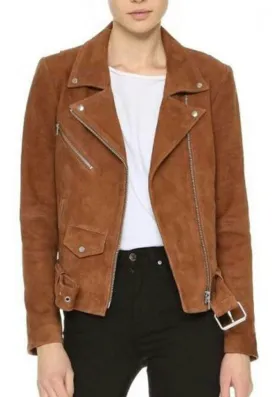 Women’s Tan Brown Suede Leather Biker Jacket