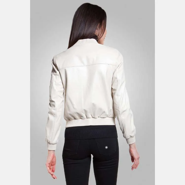 Women’s White Leather Bomber Jacket