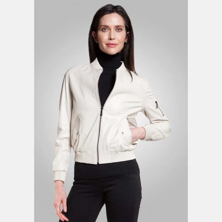 Women’s White Leather Bomber Jacket