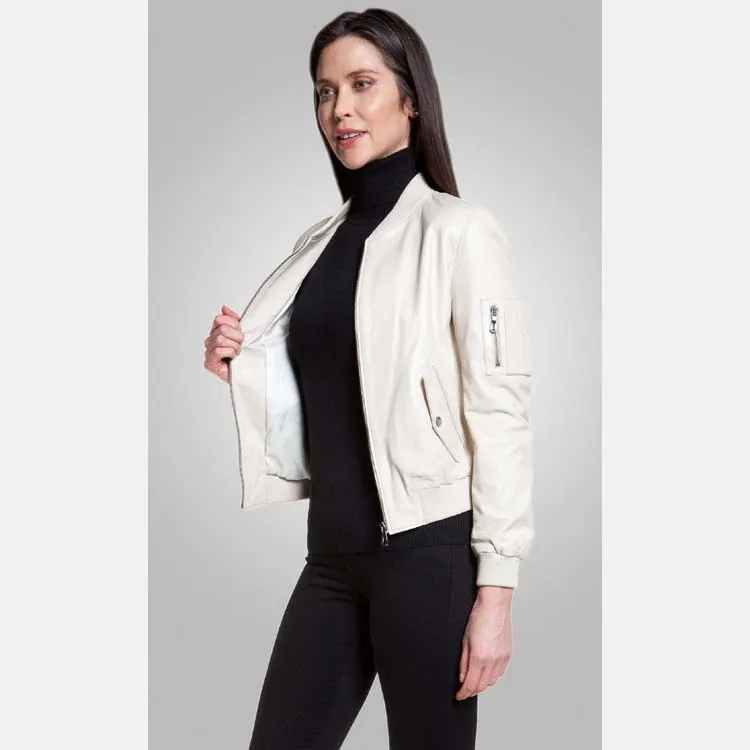 Women’s White Leather Bomber Jacket